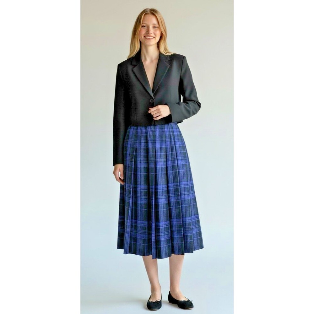 VTG Pendleton Classic Green Black Watch Tartan Midi Skirt Pleated Wool Size 8